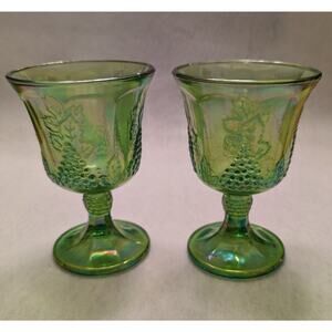 Two Indiana Glass (2) Iridescent Green Carnival Harvest Grape Goblets Ex. Cond.